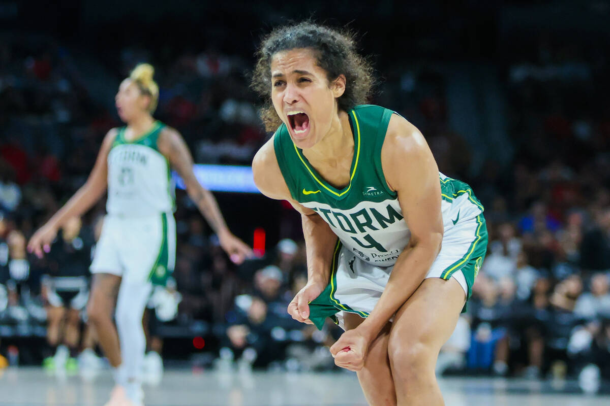 Seattle Storm guard Skylar Diggins-Smith screams in frustration to a referee during game one of ...