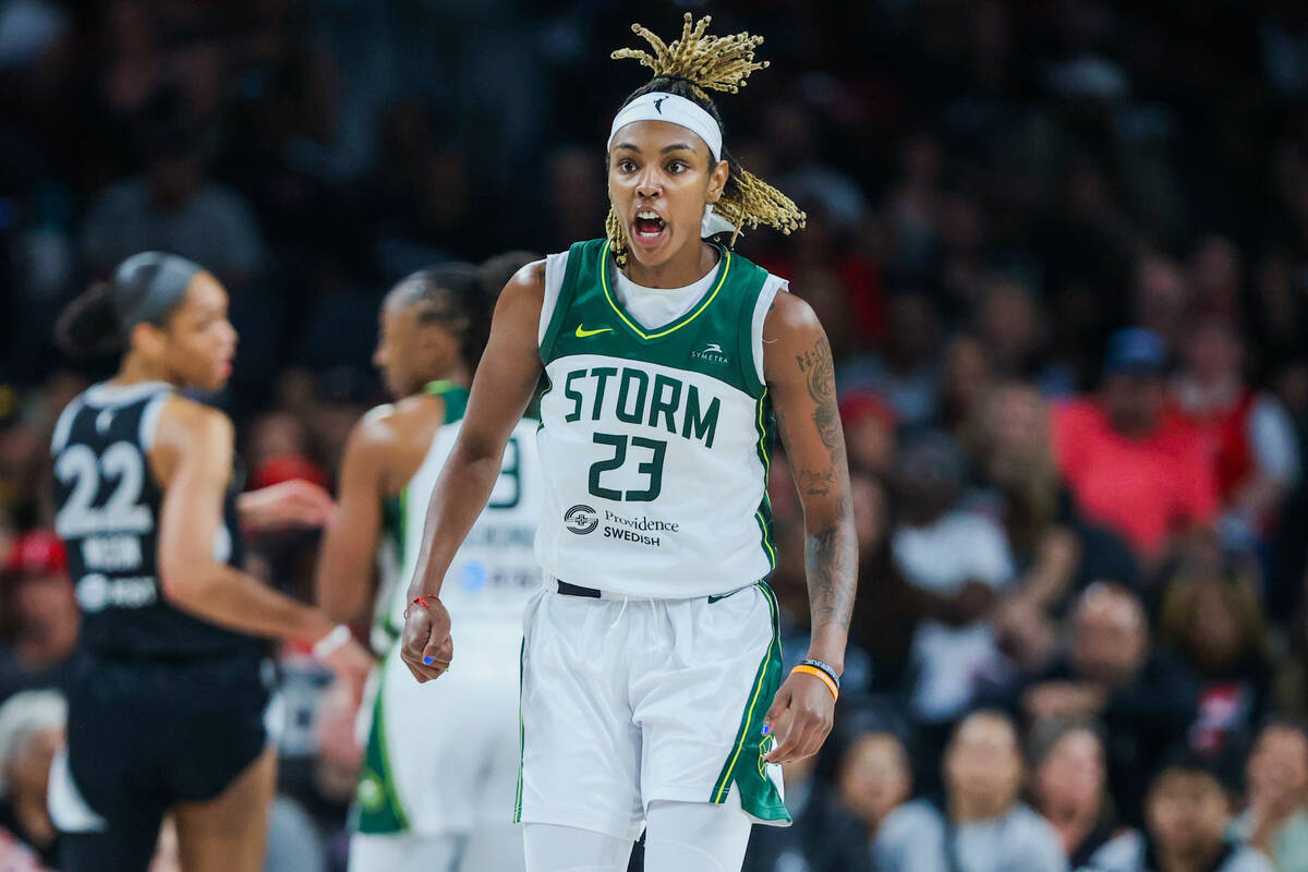 Seattle Storm guard Jordan Horston (23) gets pumped up during game one of a WNBA playoff game b ...