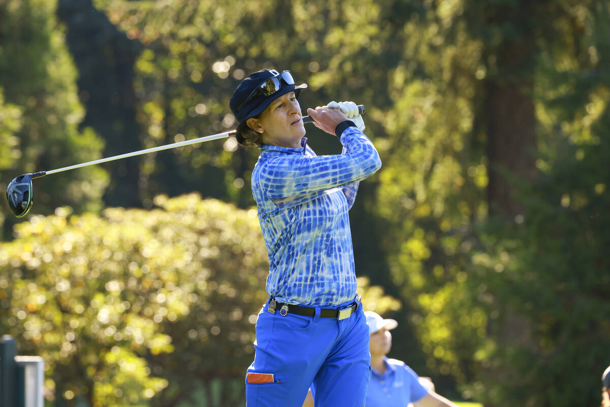 Ronda Henderson tees off on the ninth hole during her round of 16 match against Sarah Gallagher ...