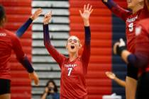 Coronado junior Gentry Oblad (7) celebrates after winning the high school volleyball game again ...