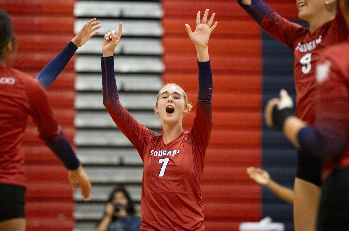 Coronado junior Gentry Oblad (7) celebrates after winning the high school volleyball game again ...