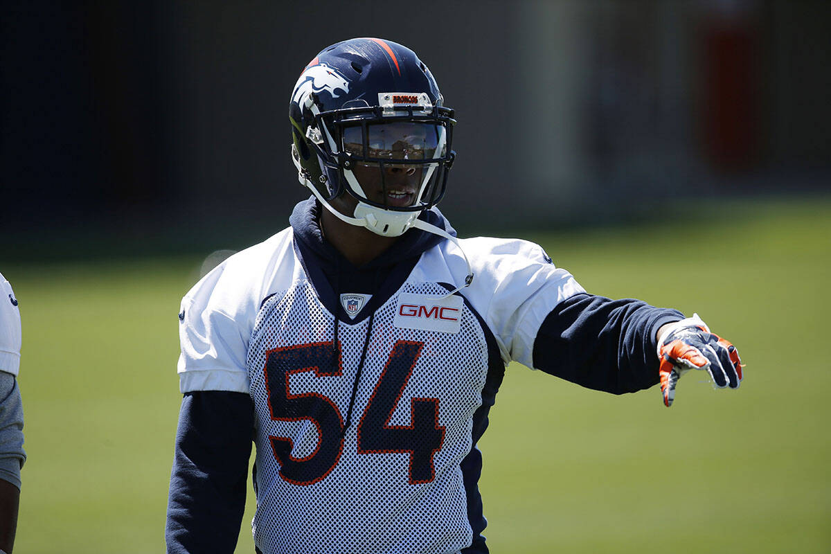 Denver Broncos linebacker Brandon Marshall during drills at the NFL football team's practice Tu ...