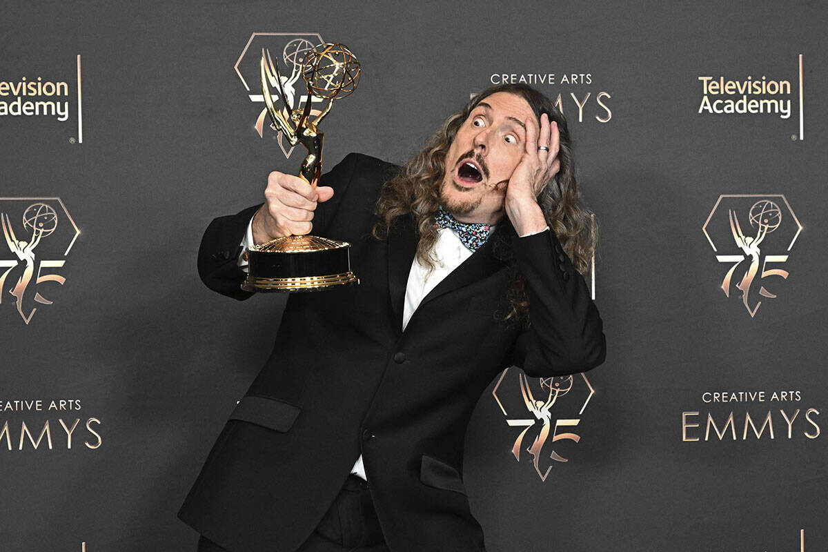 "Weird Al" Yankovic with their Emmy for outstanding television movie for "Weird: The Al Yankovi ...