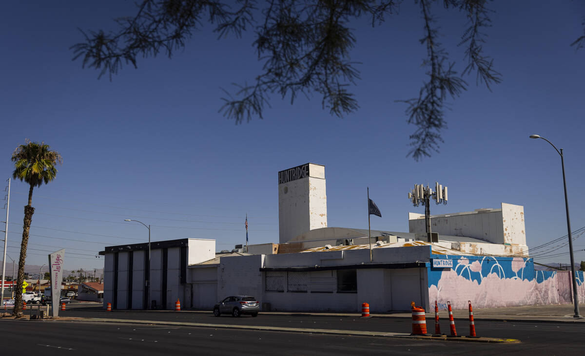 A cell tower is pictured adjacent to the Huntridge Theater on Tuesday, Sept. 24, 2024, in downt ...