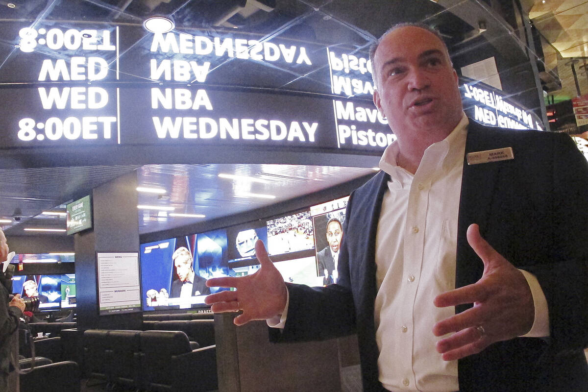 Resorts casino president Mark Giannantonio speaks in front of the DraftKings sports book at his ...