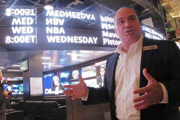 Resorts casino president Mark Giannantonio speaks in front of the DraftKings sports book at his ...