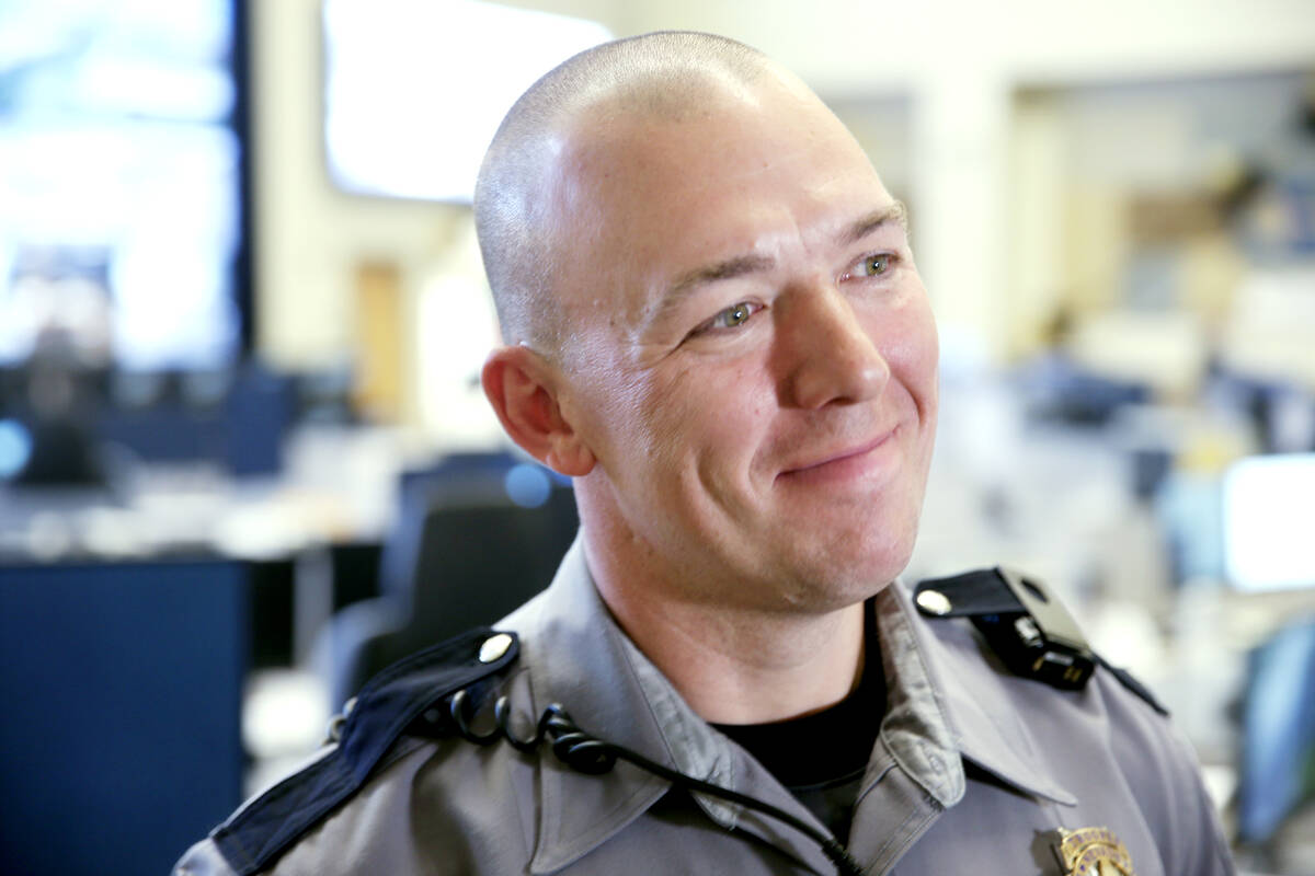 Nevada Highway Patrol trooper Jacob Fisher during a news conference at NHP Southern Command in ...