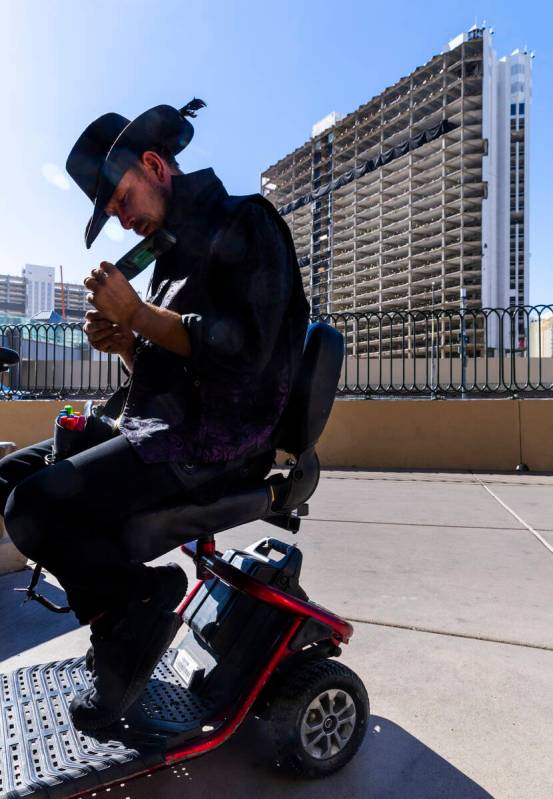 Doc Gringo etches an art piece as preparations for the upcoming implosion continue at the Tropi ...