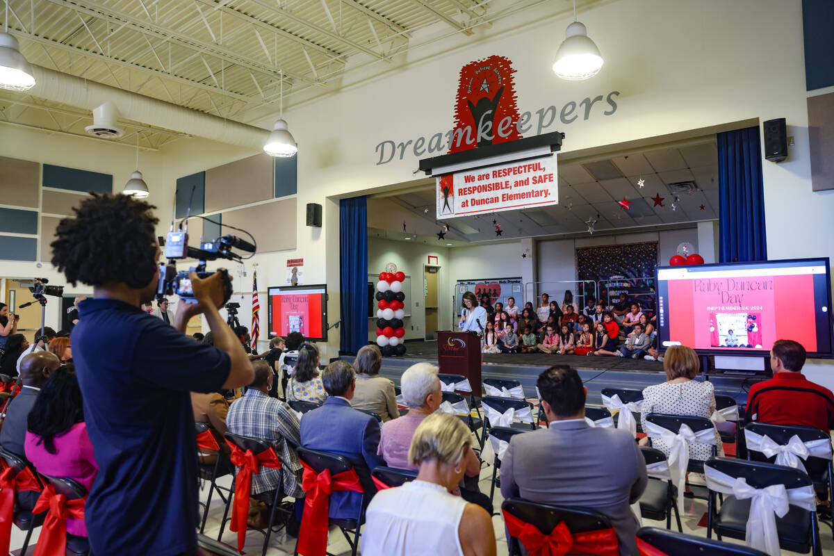 Clark County School District Interim Superintendent Brenda Larsen-Mitchell addresses the audien ...