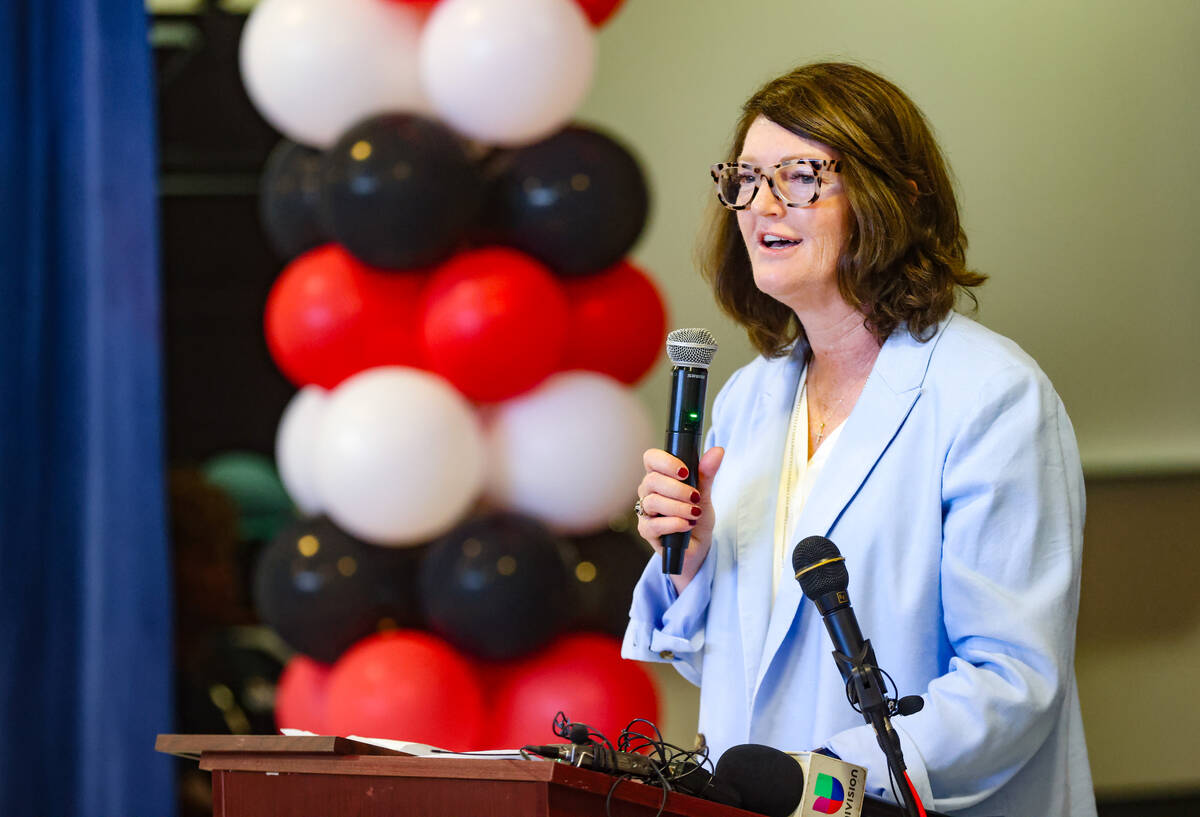 Clark County School District Interim Superintendent Brenda Larsen-Mitchell addresses the crowd ...