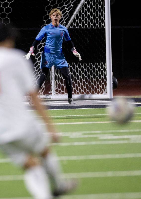 Palo Verde goalkeeper Landon Blanchard (1) watches the ball during the high school soccer game ...