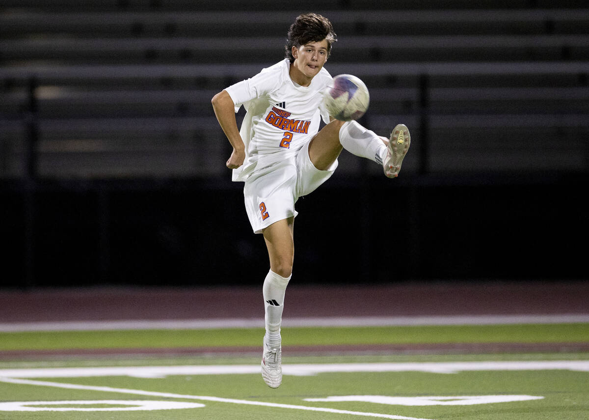 Bishop Gorman defender Rocco Marsan (2) receives the ball during the high school soccer game ag ...