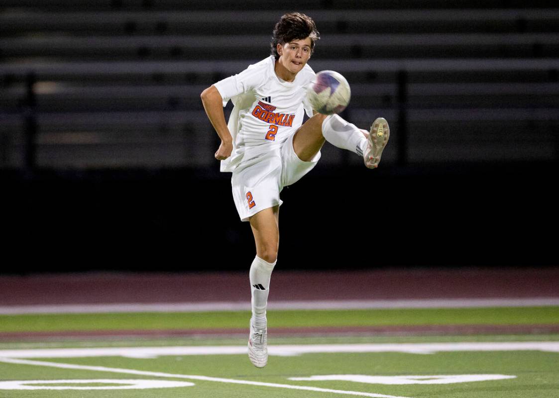 Bishop Gorman defender Rocco Marsan (2) receives the ball during the high school soccer game ag ...