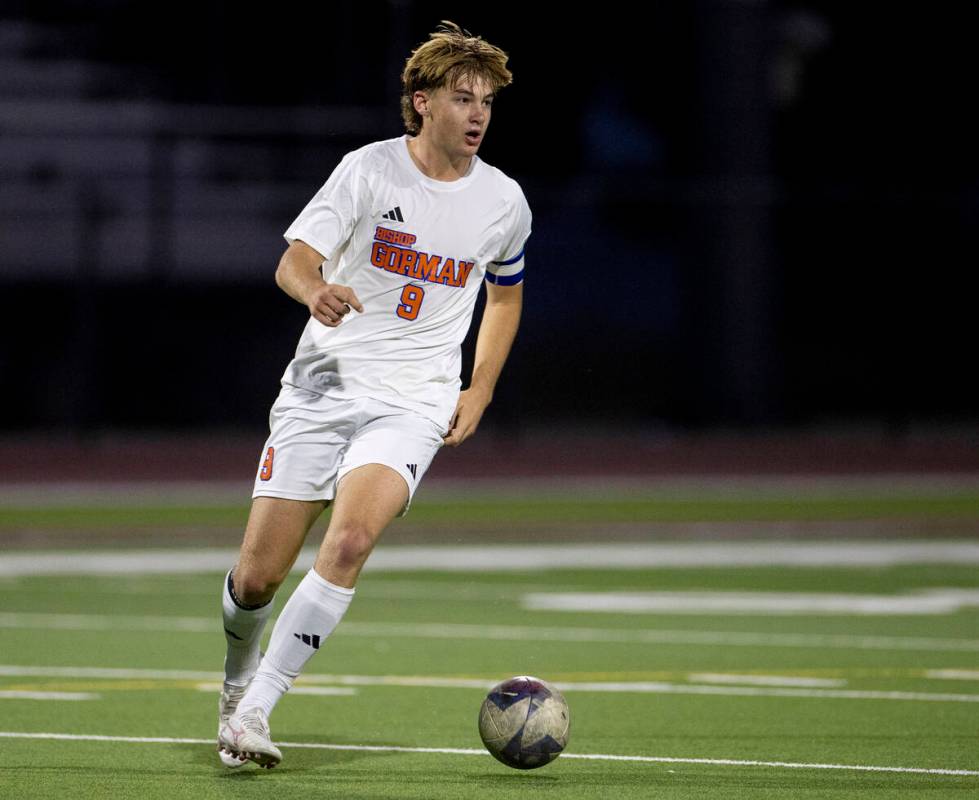 Bishop Gorman forward Chase Stewart (9) controls the ball during the high school soccer game ag ...