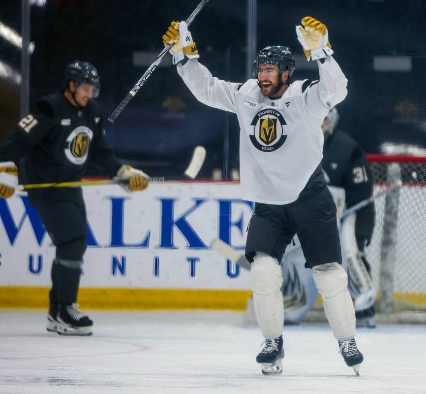 Golden Knights center Nicolas Roy (10) celebrates a goal during training camp at City National ...