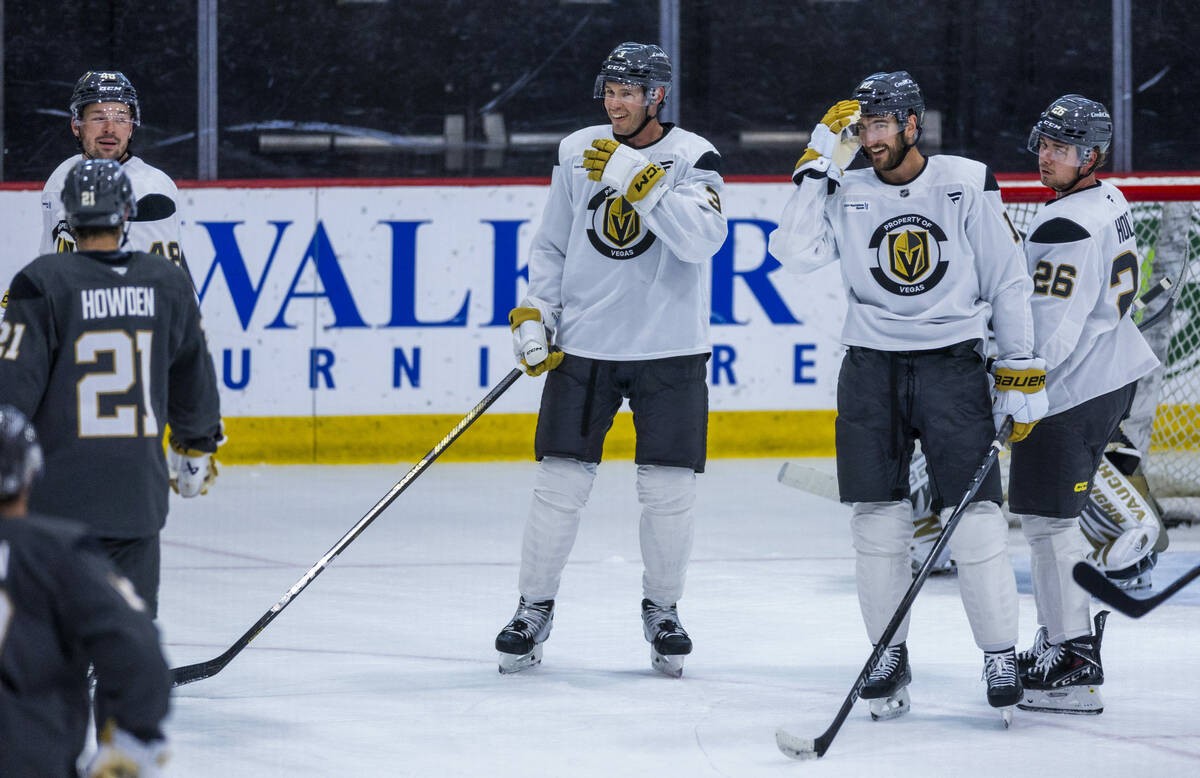 Golden Knights defenseman Brayden McNabb (3), center Nicolas Roy (10) and forward Alexander Hol ...