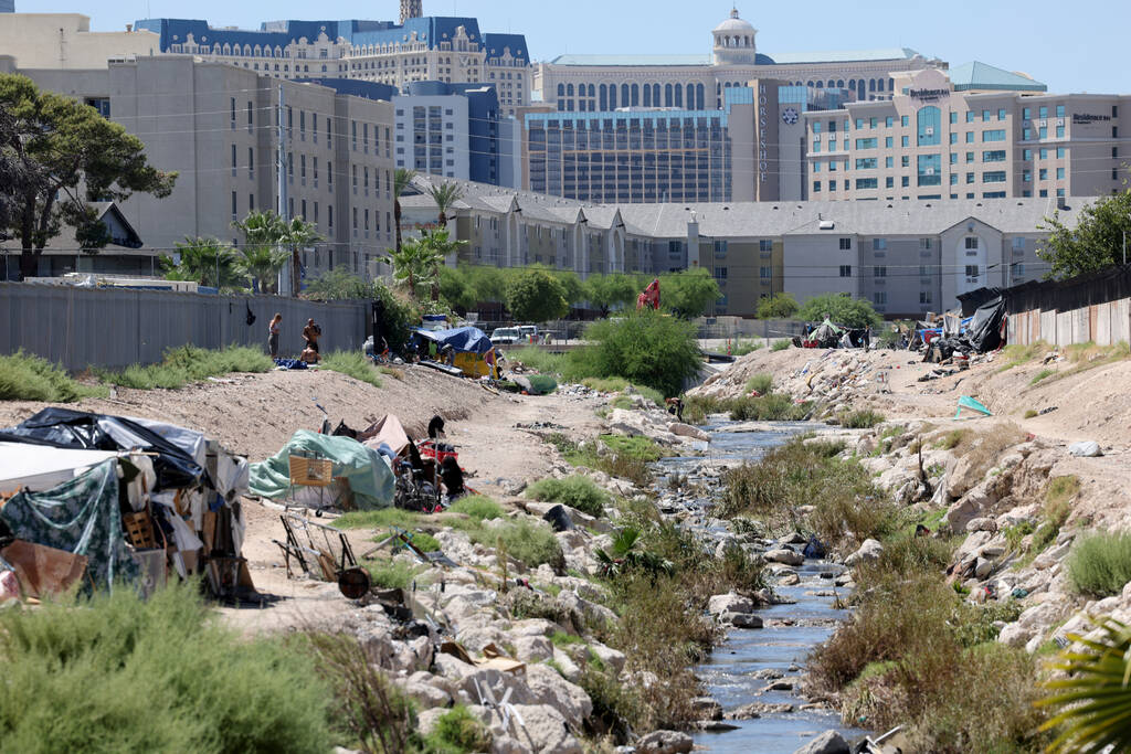 FILE - People camp along the Tropicana Wash near University Center Drive east of the Strip in L ...