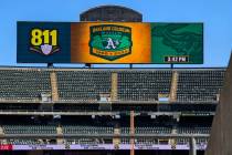 A view of the stadium scoreboard at the Oakland Coliseum is seen, Sept. 2, 2024, in Oakland, Ca ...