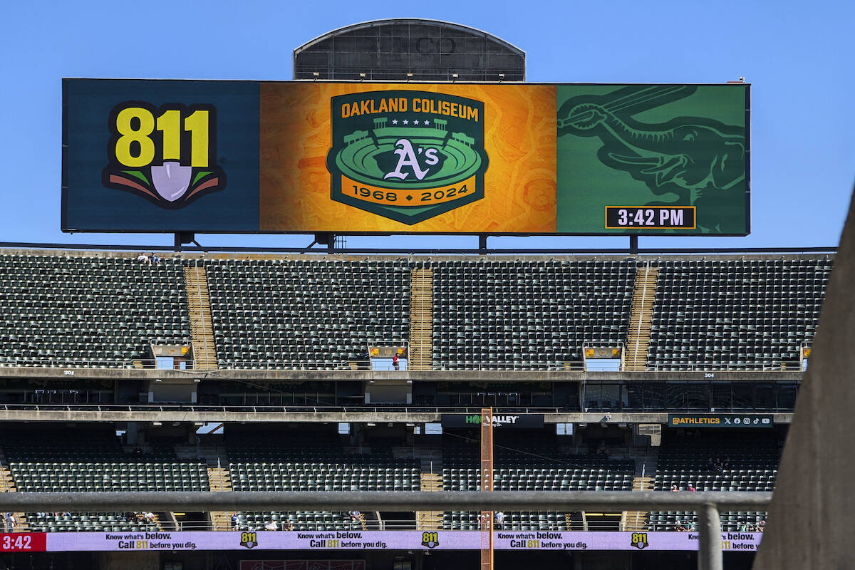 A view of the stadium scoreboard at the Oakland Coliseum is seen, Sept. 2, 2024, in Oakland, Ca ...