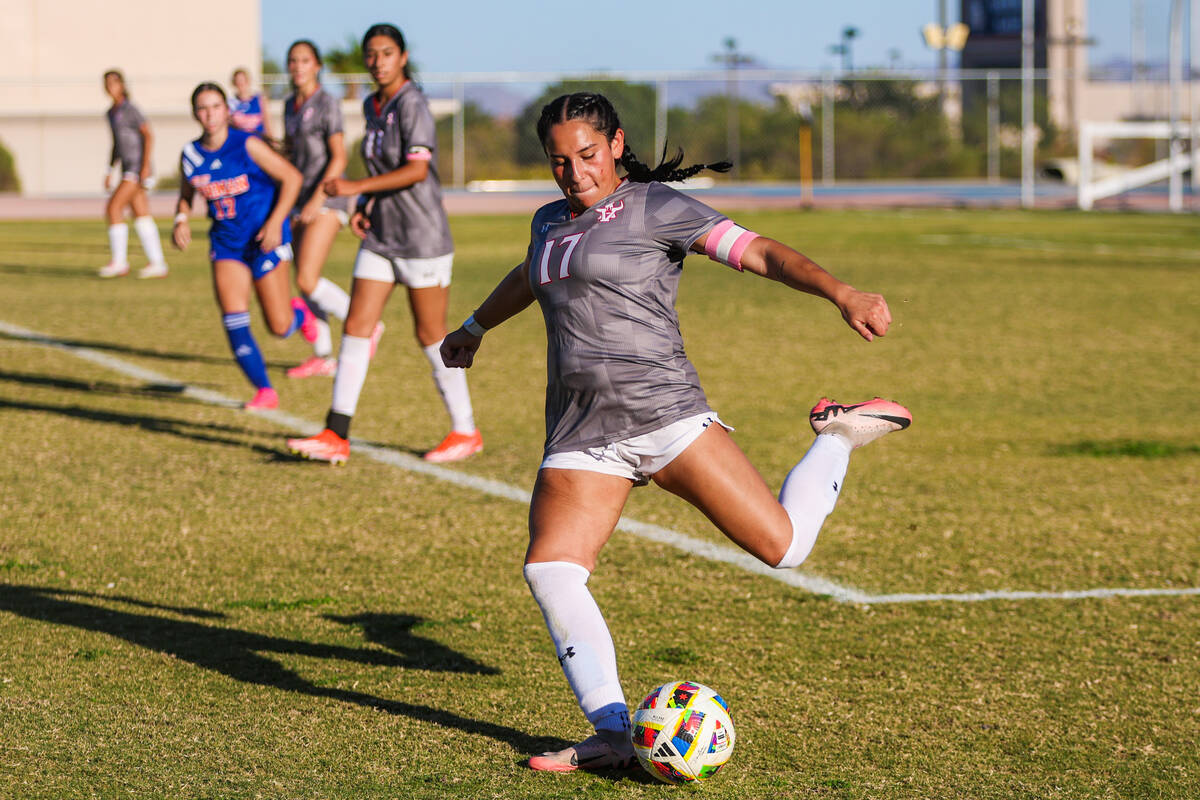 Arbor View’s Kate Oliva kicks the ball during a high school soccer game between Bishop G ...