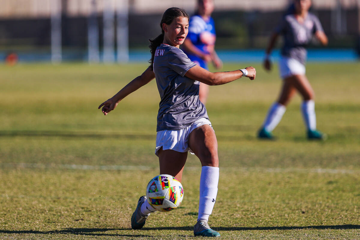 Arbor View’s Aspen Romeo kicks the ball during a high school soccer game between Bishop ...