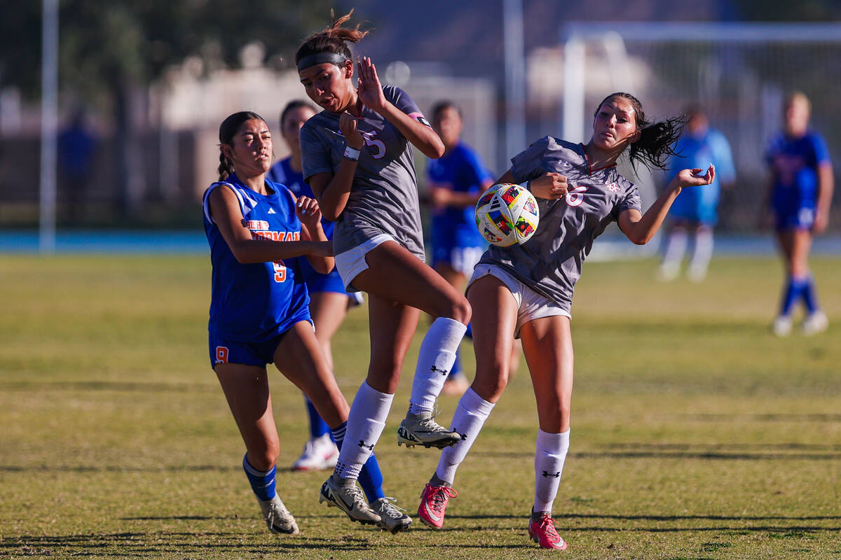 Arbor View’s Cadence Atkina (6) leans away from the ball during a high school soccer gam ...