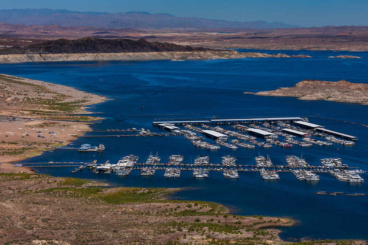 The Lake Mead Marina as seen from the Hoover Dam Lodge Trailhead on Aug. 15, 2024, near Boulder ...