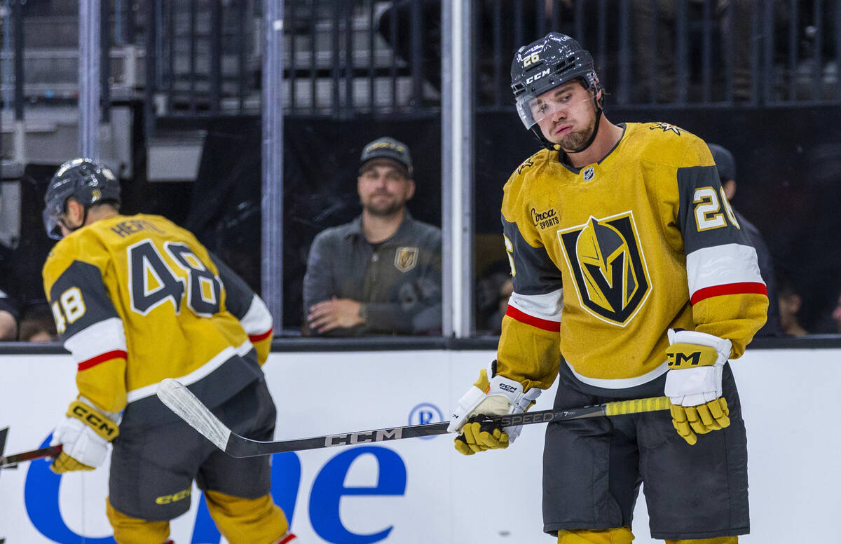 Golden Knights right wing Alexander Holtz (26) is dejected after a near miss against the Los An ...