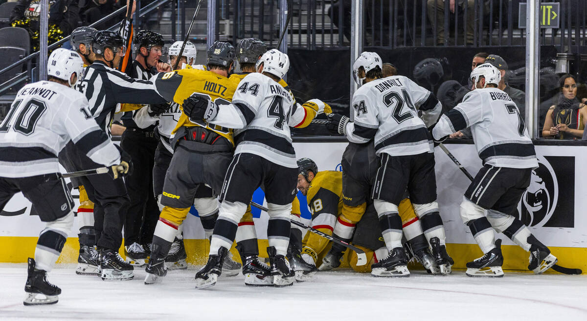 Golden Knights and Los Angeles Kings have a little scrap during the second period of their NHL ...