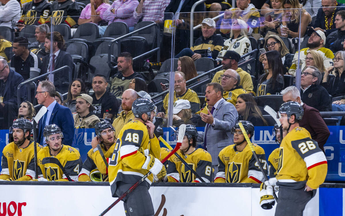 Golden Knights Head Coach Bruce Cassidy argues a penalty for the Los Angeles Kings during the s ...