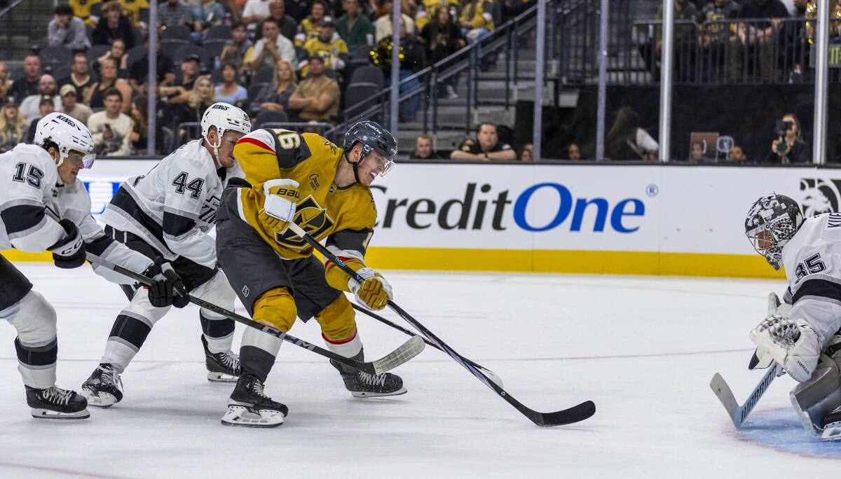 Golden Knights left wing Pavel Dorofeyev (16) sets up a shot against Los Angeles Kings goaltend ...