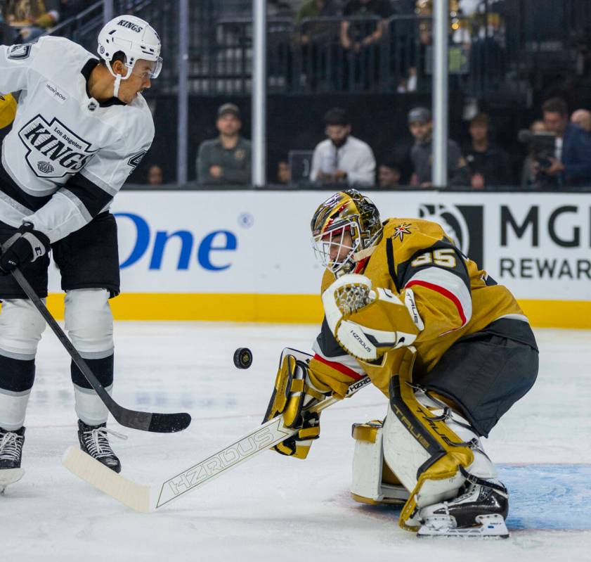 Golden Knights goaltender Ilya Samsonov (35) deflects a shot by Los Angeles Kings forward Andre ...