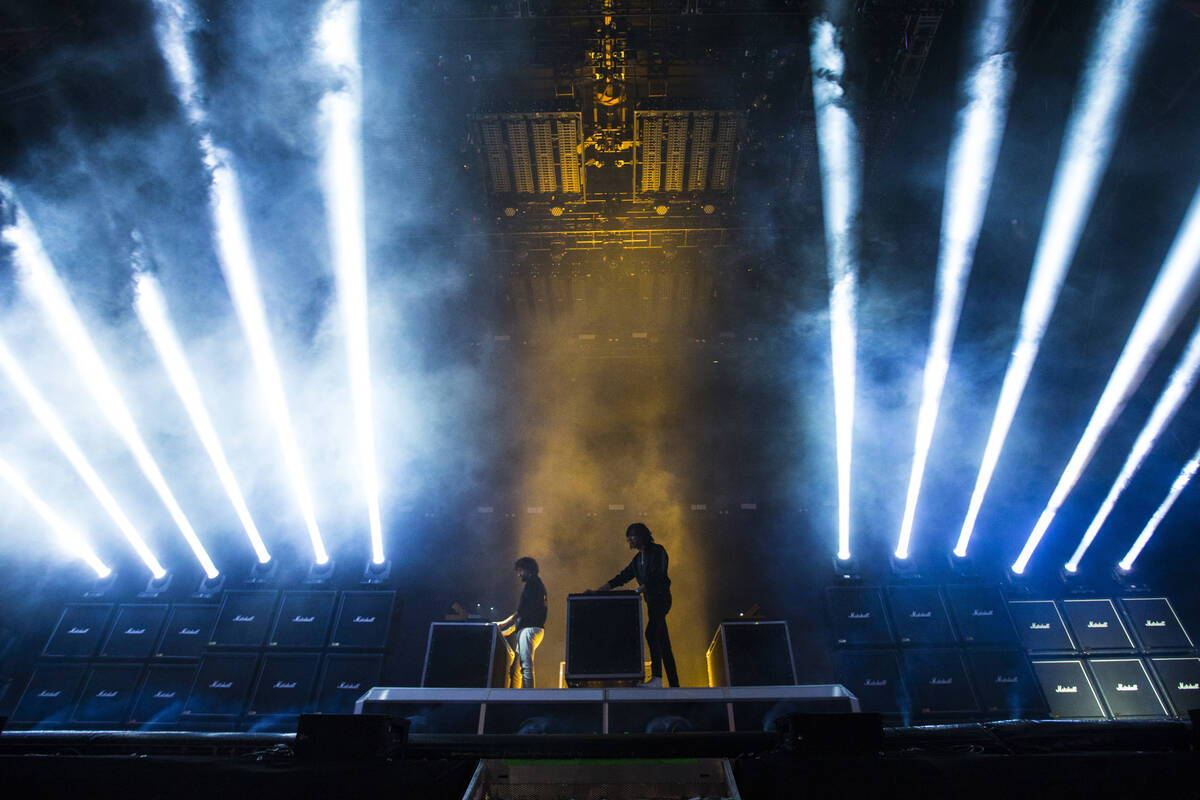 French electronic duo Justice performs at the Downtowner stage during the first day of the annu ...