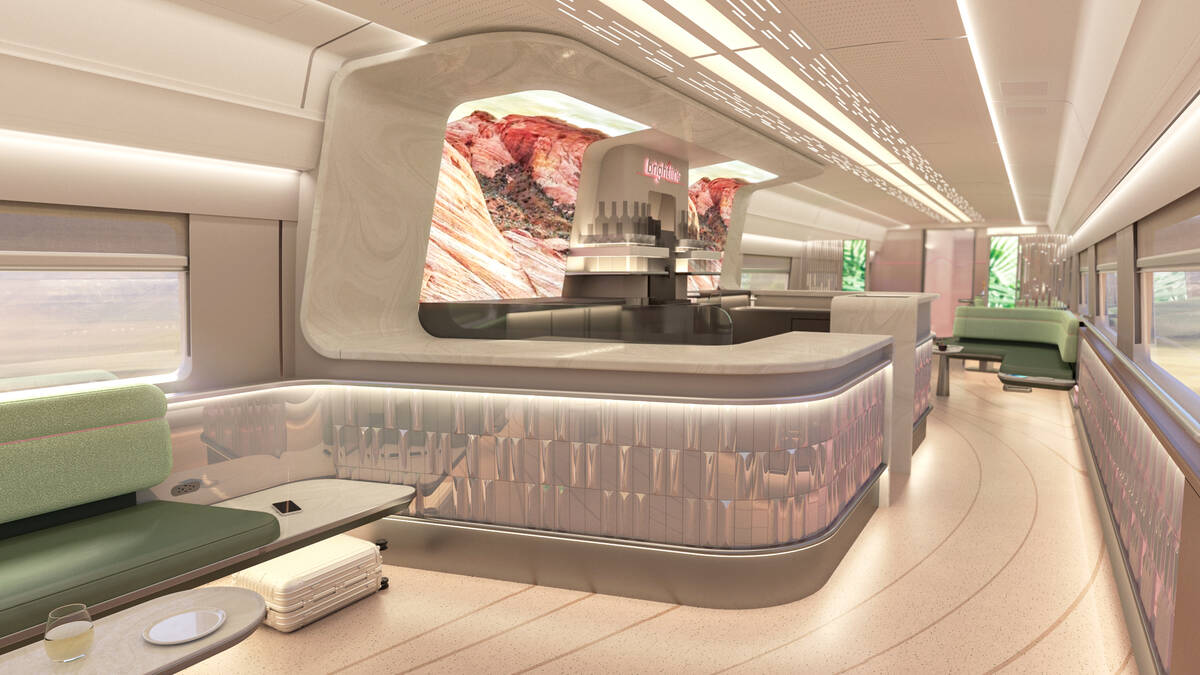 A rendering of the interior of a party car of a Siemens Mobility American Pioneer 220 train, wh ...