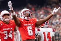 UNLV defensive back Jeremiah Vessel (6) celebrates after a punt during the college football gam ...