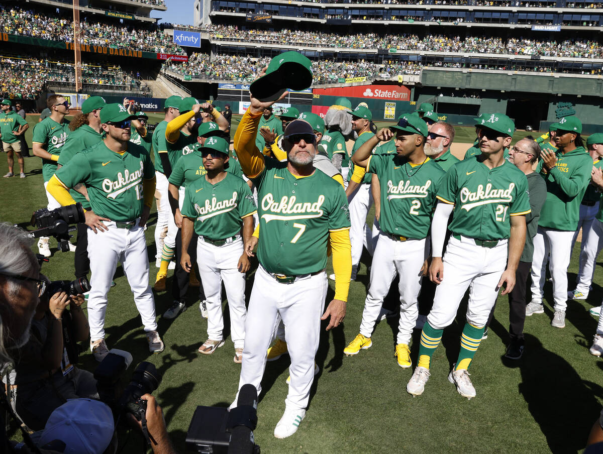 Oakland Athletics manager Mark Kotsay acknowledges the crowd after his team played the final ho ...