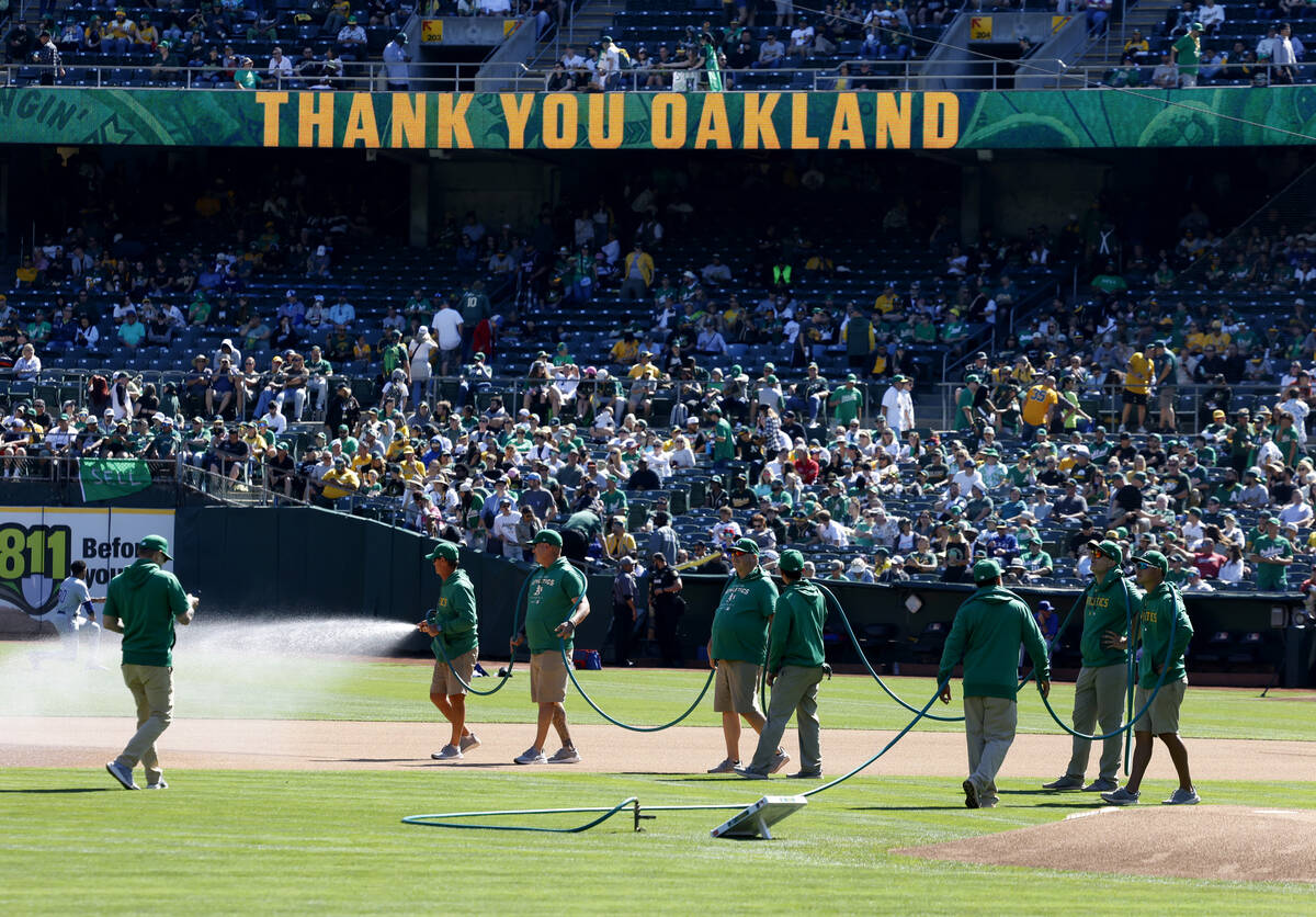 Oakland Athletics grounds crew with hose prepare the infield before the final home game against ...