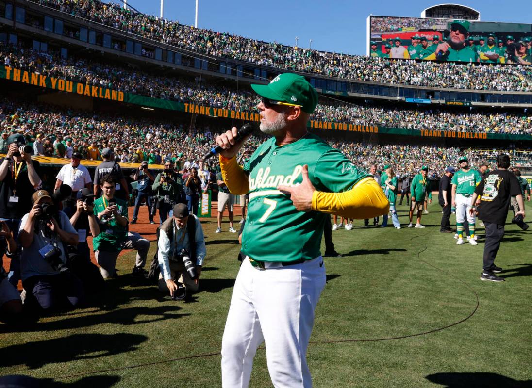 Oakland Athletics manager Mark Kotsay speaks to fans after the final home game against the Texa ...