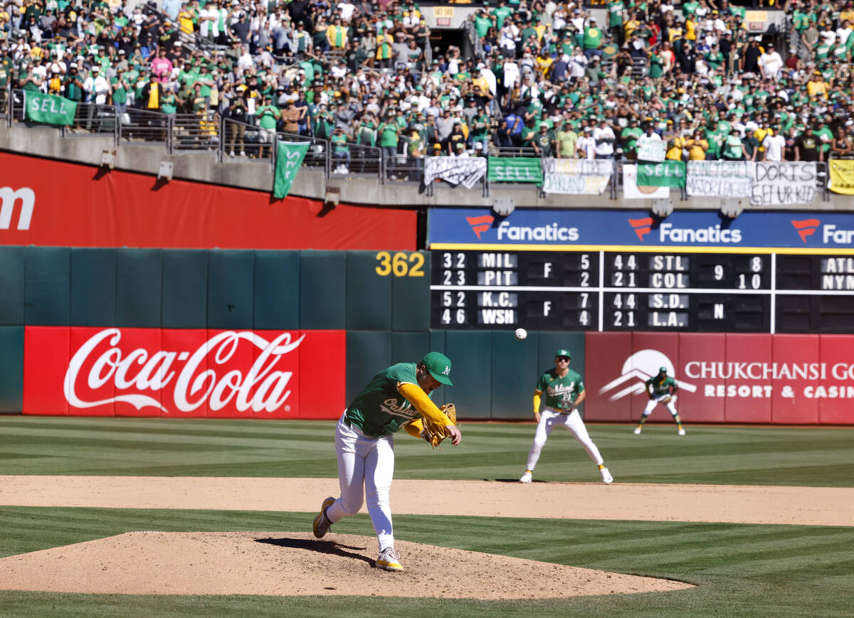 Oakland Athletics pitcher Mason Miller (19) delivers his last pitch during the final home game ...