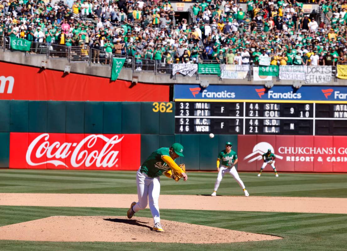 Oakland Athletics pitcher Mason Miller (19) delivers his last pitch during the final home game ...