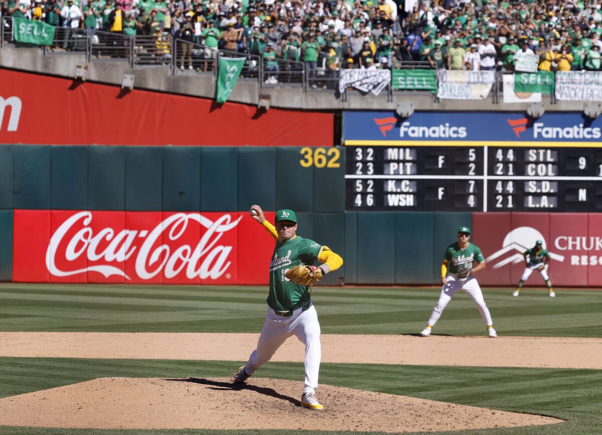 Oakland Athletics pitcher Mason Miller (19) delivers his last pitch during the final home game ...