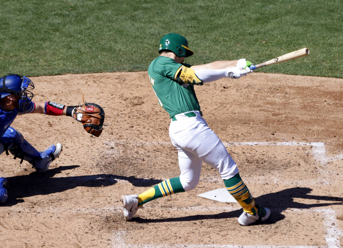 Oakland Athletics first baseman Tyler Soderstrom (21) swings during final home game against the ...