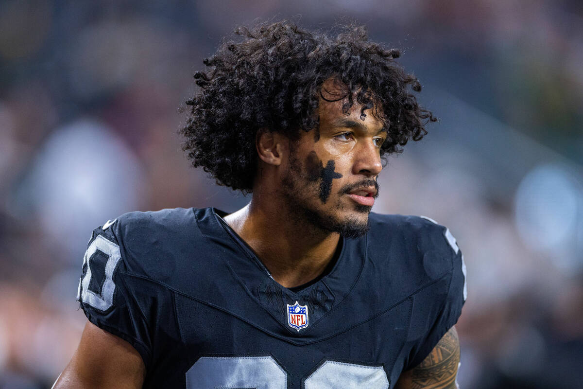 Raiders safety Isaiah Pola-Mao (20) stands the sidelines before facing the Green Bay Packers du ...