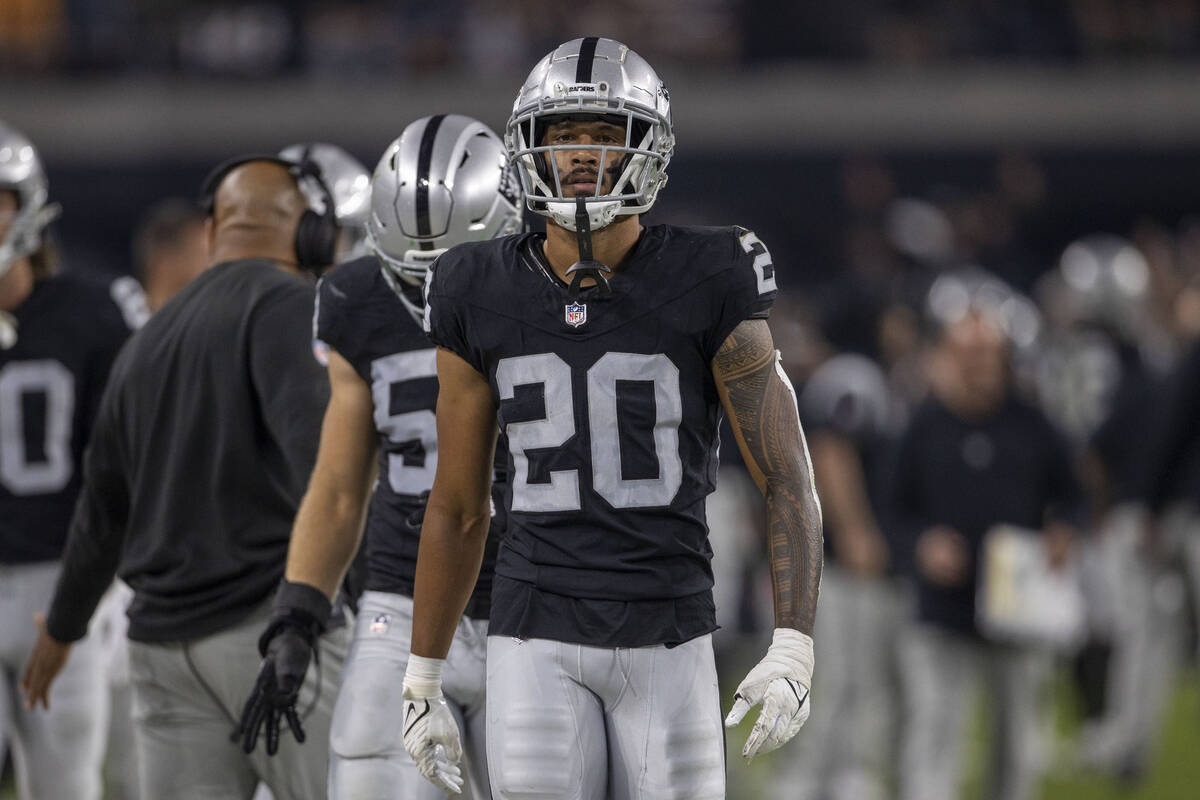 Raiders safety Isaiah Pola-Mao (20) on the sideline during the second half of an NFL game again ...