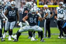 Raiders defensive tackle Christian Wilkins (94) celebrates a big play against the Carolina Pant ...