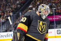 Golden Knights goaltender Robin Lehner (90) circles the net in the second period during an NHL ...