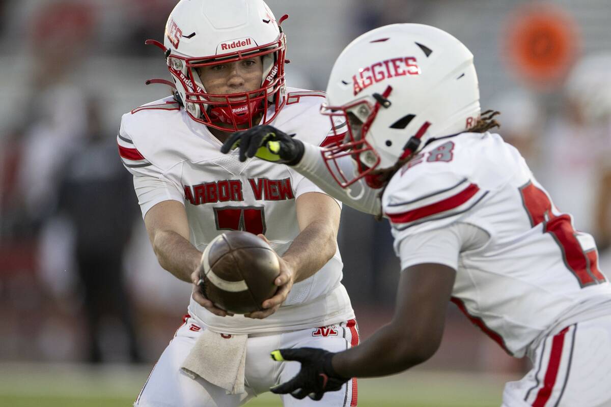 Arbor View quarterback Thaddeus Thatcher (7) hands the ball to running back Nylen Johnson (28) ...