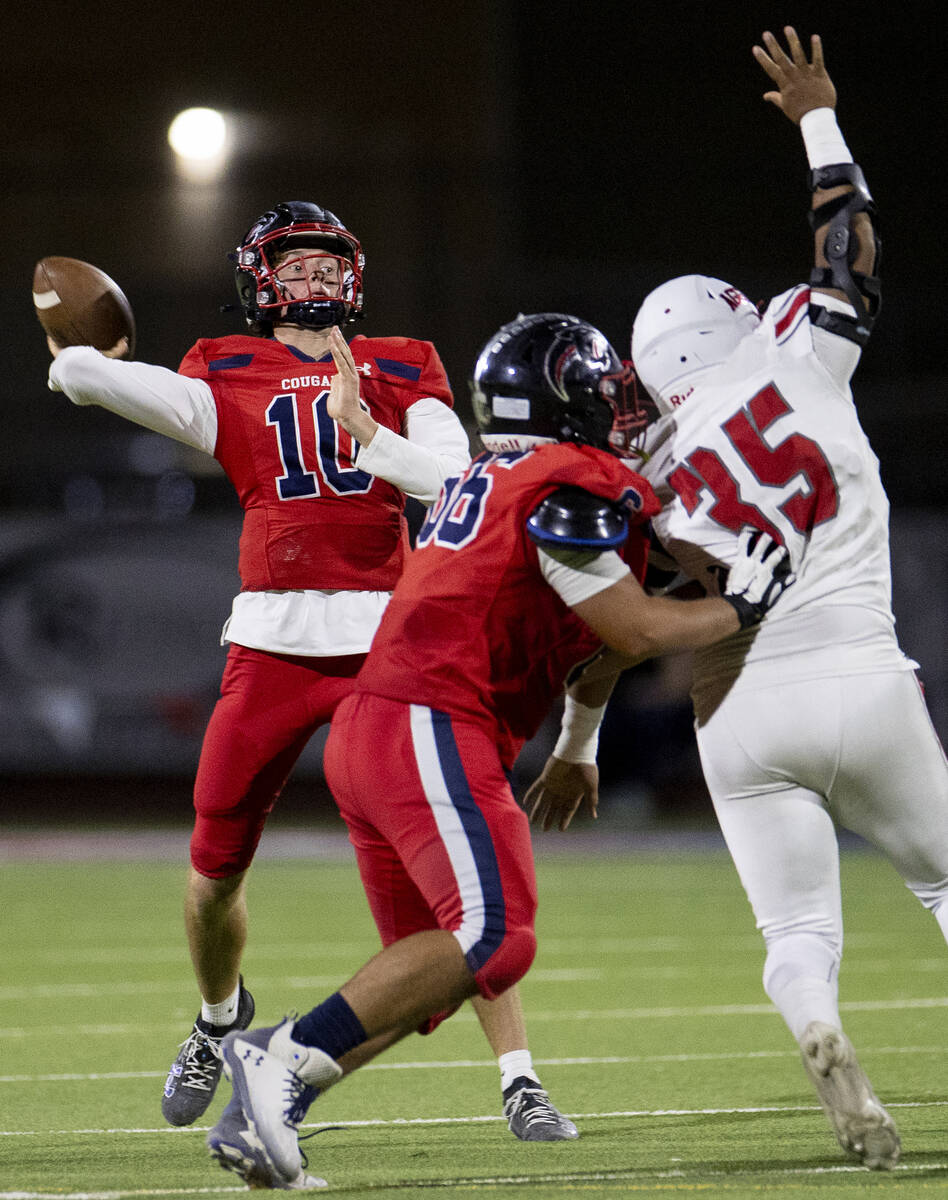 Coronado quarterback Aiden Krause (10) looks to pass the ball during the high school football g ...