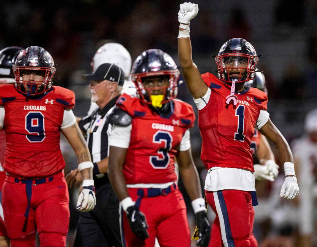 Coronado senior Marquesion Floyde (1) celebrates during the high school football game against A ...