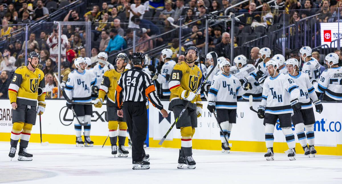 Golden Knights right wing Mark Stone (61) looks to the monitor after a Utah Hockey Club score d ...